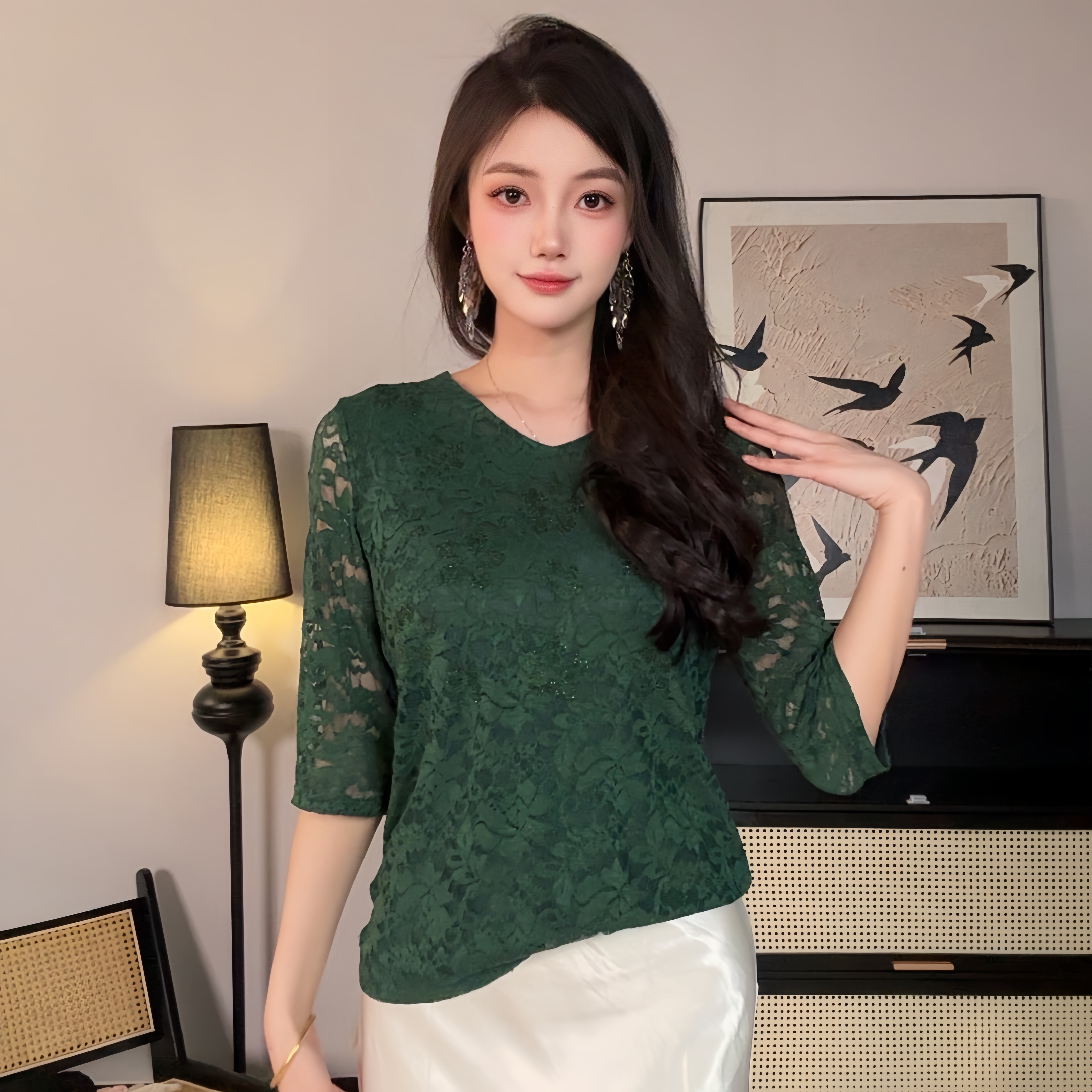 【网红爆款25#新花】短袖T恤烫钻欧货蕾丝百搭上衣休闲打底衫3042