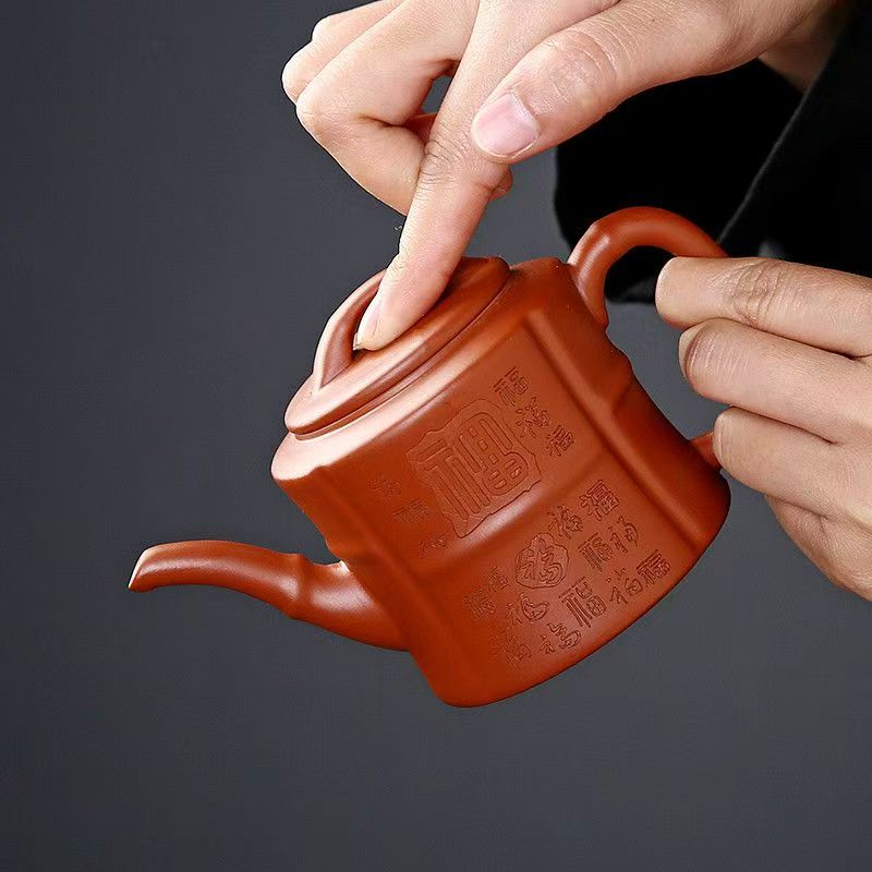 朱泥刻绘百福竹节壶紫砂壶井栏壶（不带礼盒）