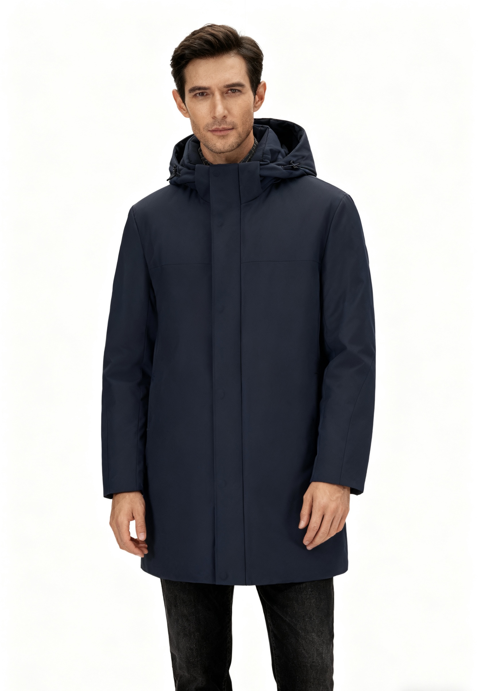 【长款连帽羽绒服】男士冬季加厚保暖长款商务休闲白鸭绒羽绒服连帽