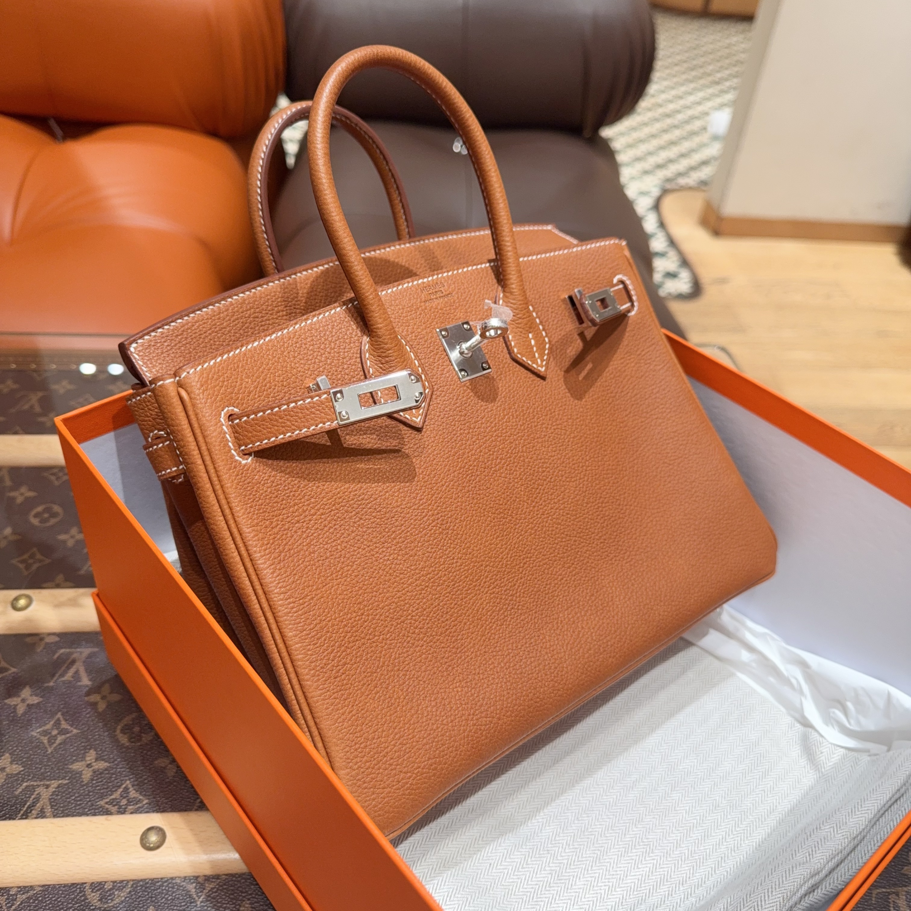 未使用 Hermes/爱马仕 birkin25  全新全套 金棕马鞍皮银扣  k刻