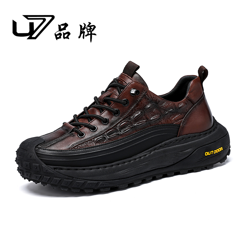 U7品牌男鞋 头层牛皮 新款鳄鱼纹软底运动百搭男士时尚潮流休闲鞋