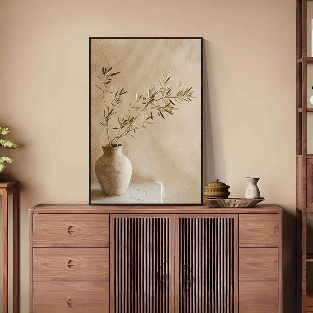现代简约复古侘寂风客厅玄关装饰画卧室壁画竖版花瓶挂画L21