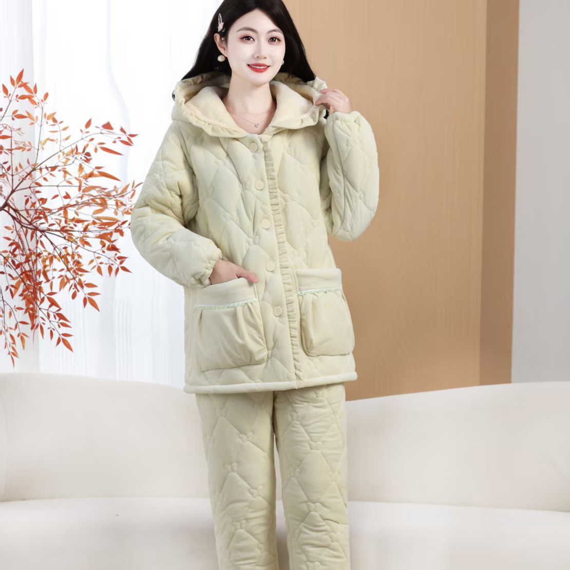 S921款印花冰岛绒戴帽女士冬季三层夹棉加厚保暖家居