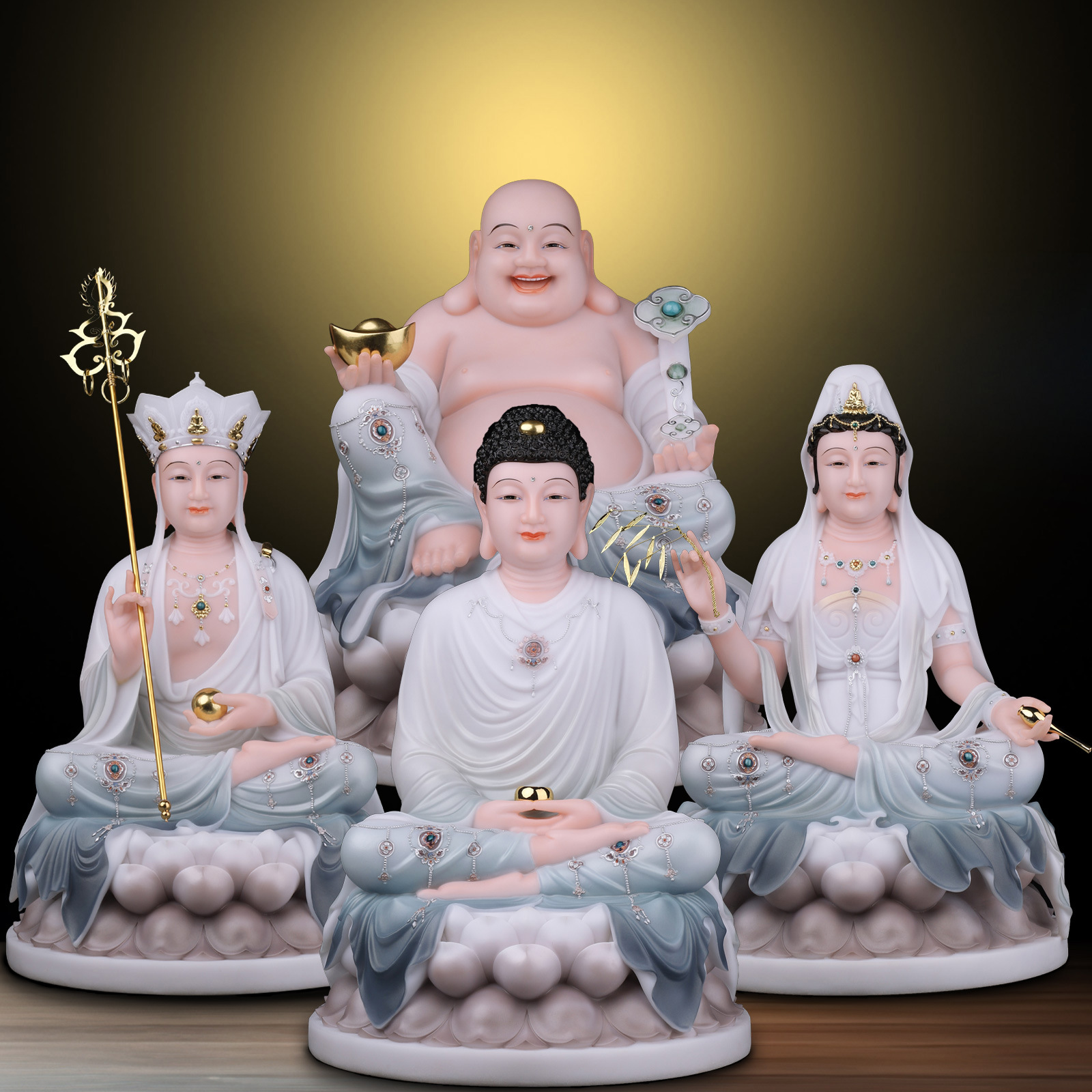 汉白玉全堂佛祥云大肚弥勒佛开心佛观音菩萨释迦牟尼佛供奉家用佛