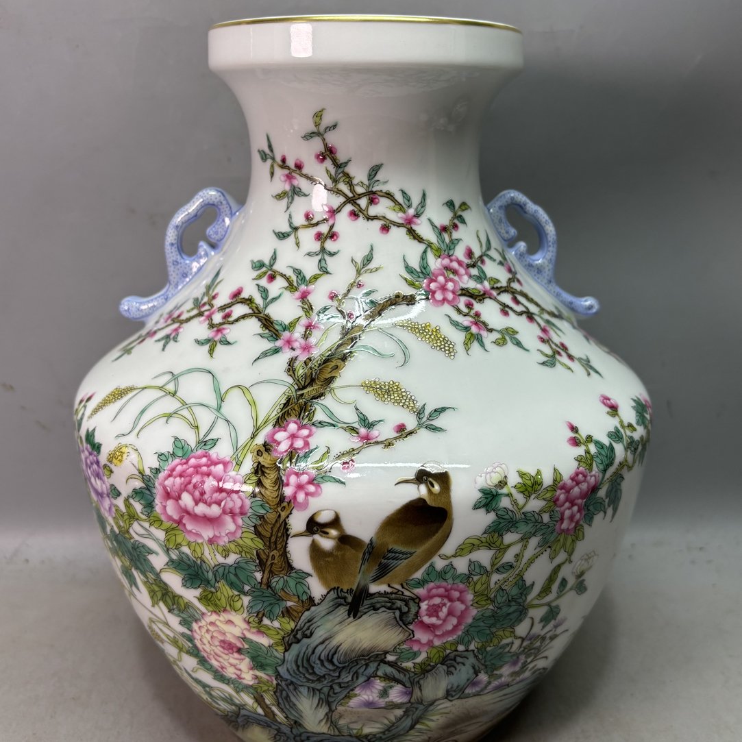 仿古瓷 精品传统手工艺珐琅彩细路花鸟双耳尊摆件