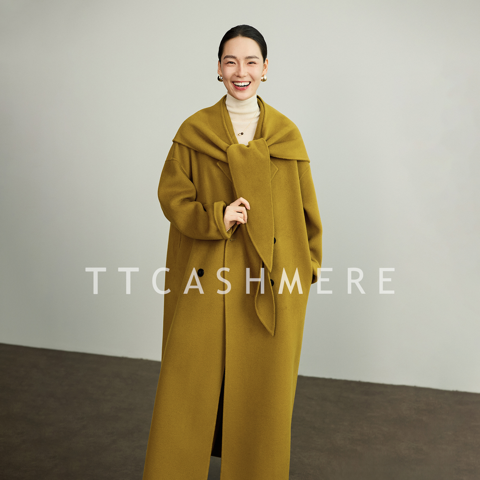 TT红色中长款长款冬季宽松秋冬毛呢外套女双排扣气质双面呢