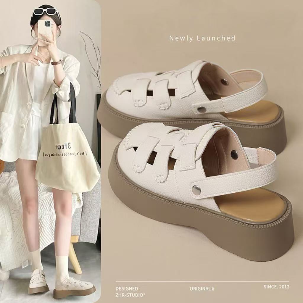 XL厚底包头女生外穿2025新款配裙子透气镂空洞洞凉拖鞋时尚罗马鞋