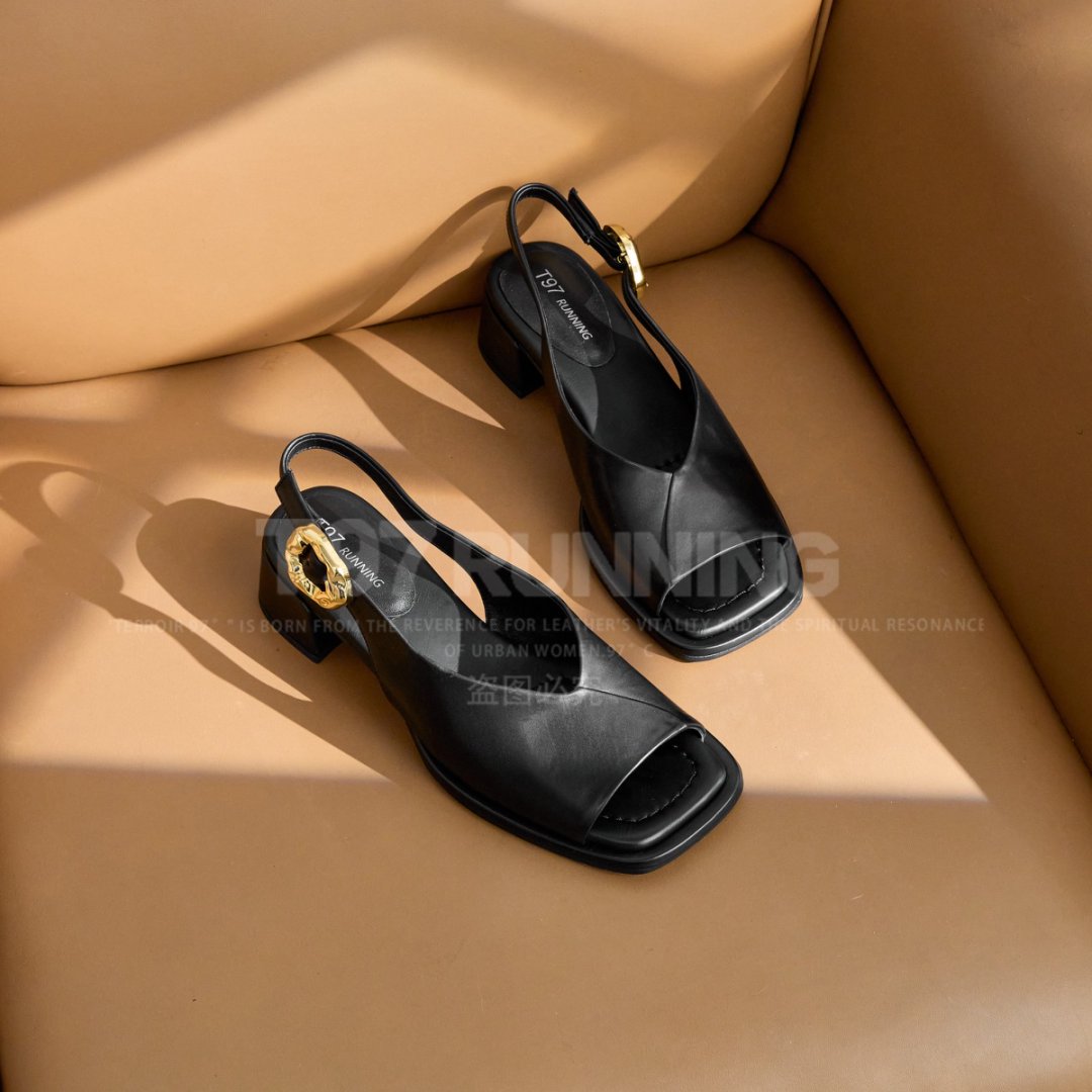 【T97】新款小众简约百搭方头露趾后空粗跟真皮凉鞋女G1726