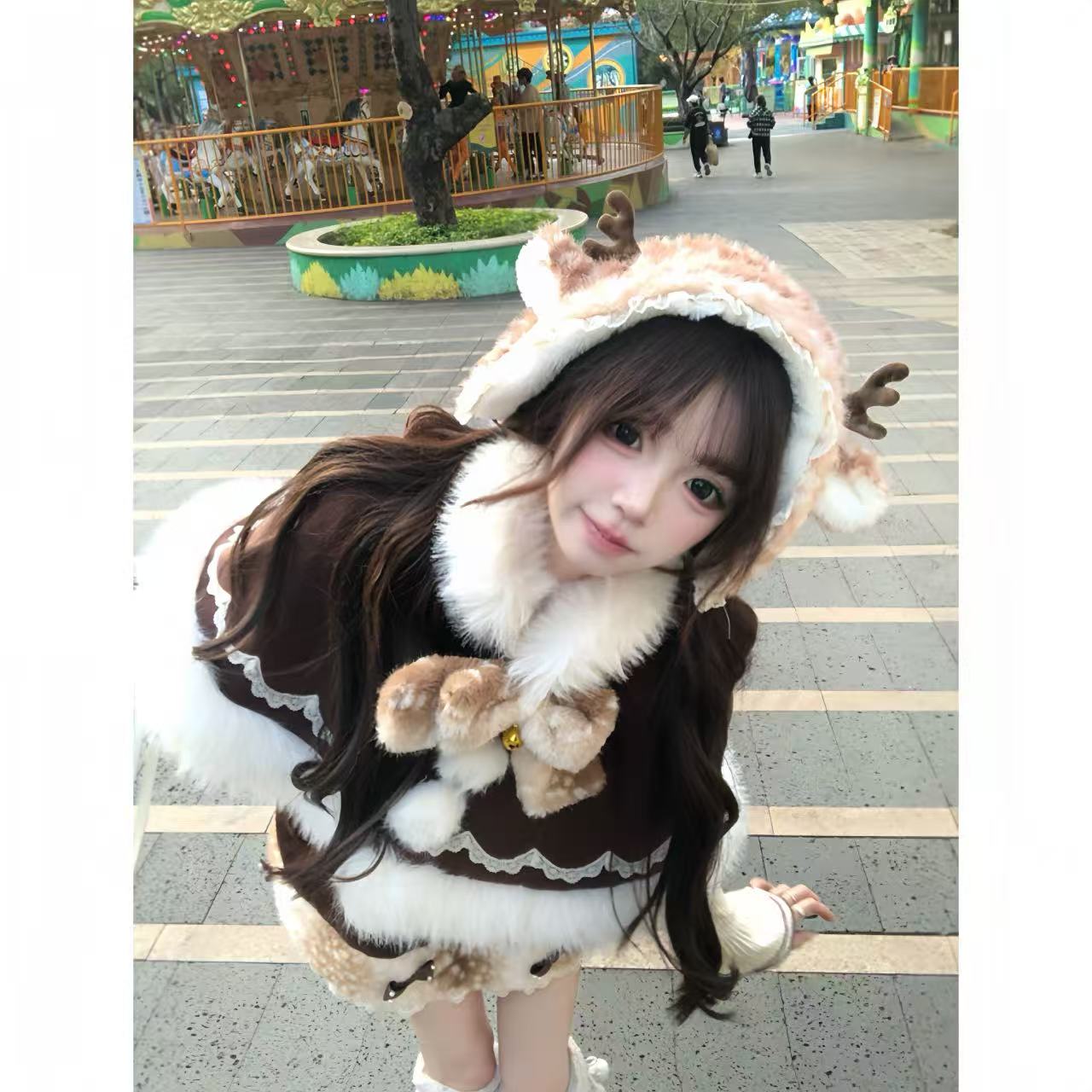 【林林在忙】惊动小鹿 冬季可爱轻lo背带连衣裙咖色系斗篷套装