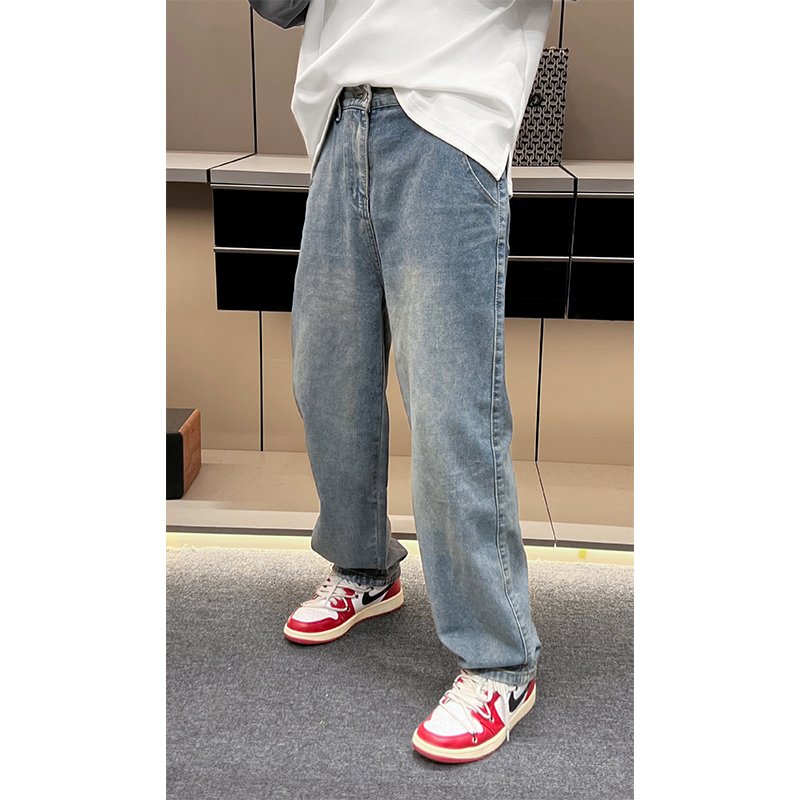 春季新款韩版潮流痞帅牛仔裤 小众设计百搭直筒垂感阔腿休闲长裤