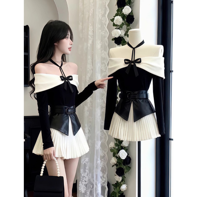 设计感一字肩蝴蝶结PU皮拼接上衣百褶半身裙两件套女秋冬套装875