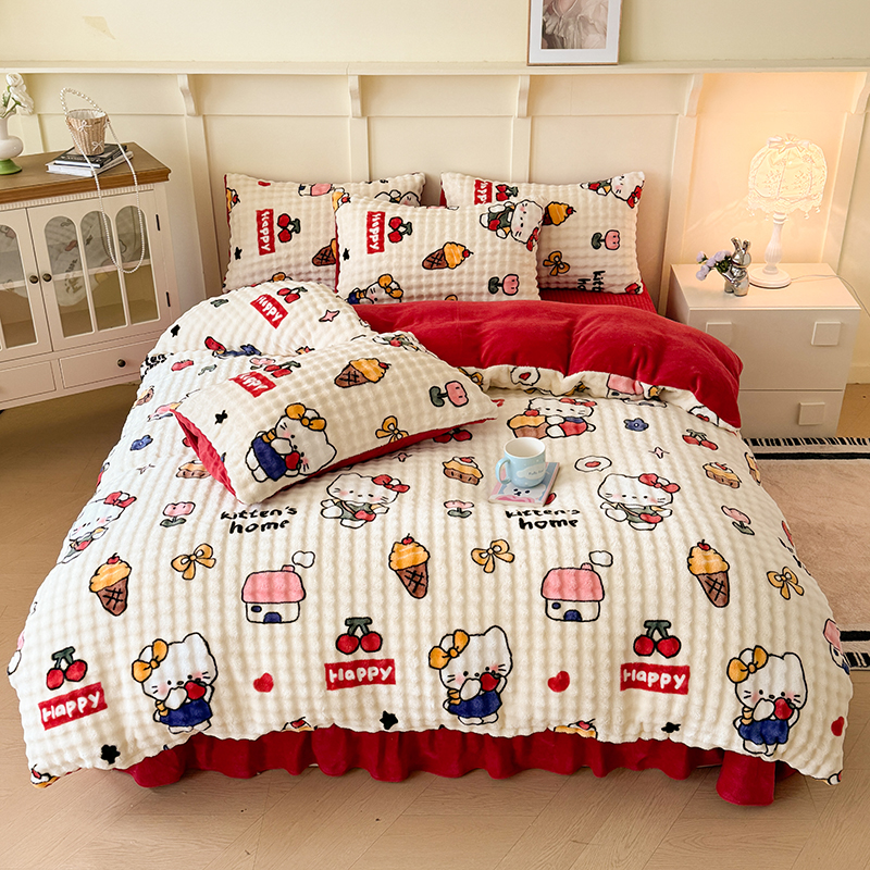 2025新款牛奶绒泡泡床盖款四件套加厚保暖双面绒被套