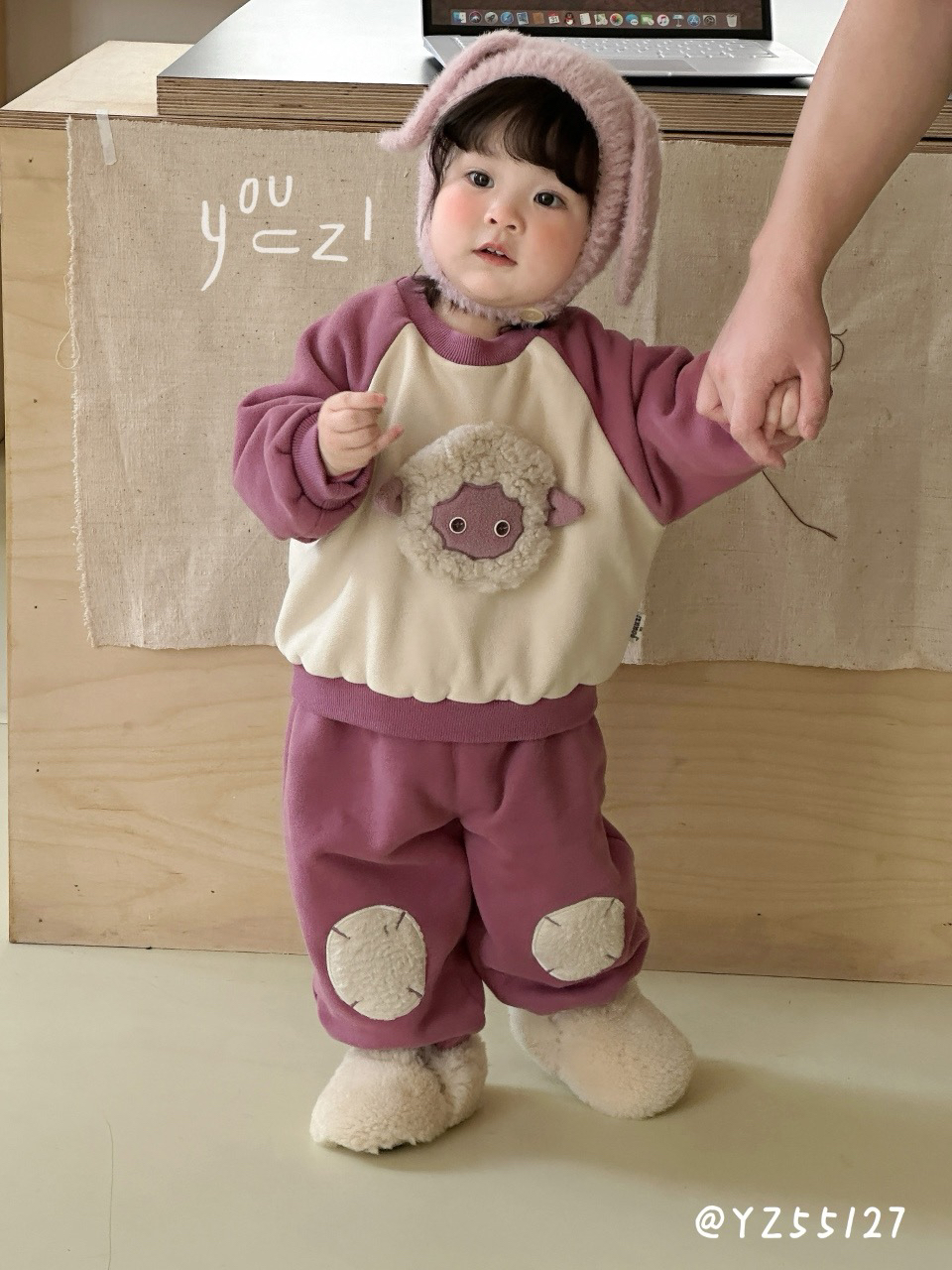 【青沧不退换】右子秋冬韩版洋气可爱婴童加绒奥粒绒套装55127