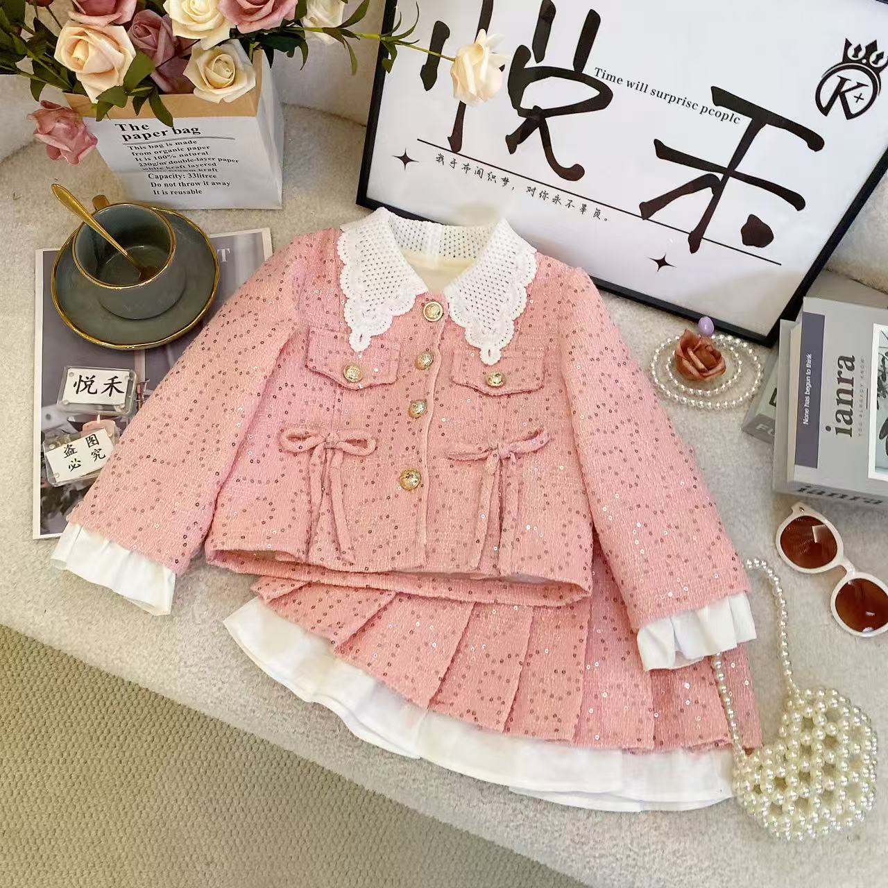 Y2【悦禾】儿童萌娃粉色蕾丝边冬装时尚冬款女童洋气裙子套装6706