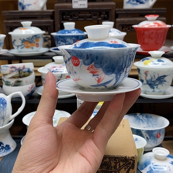 手绘荷花盖碗100cc釉下彩微瑕福利款