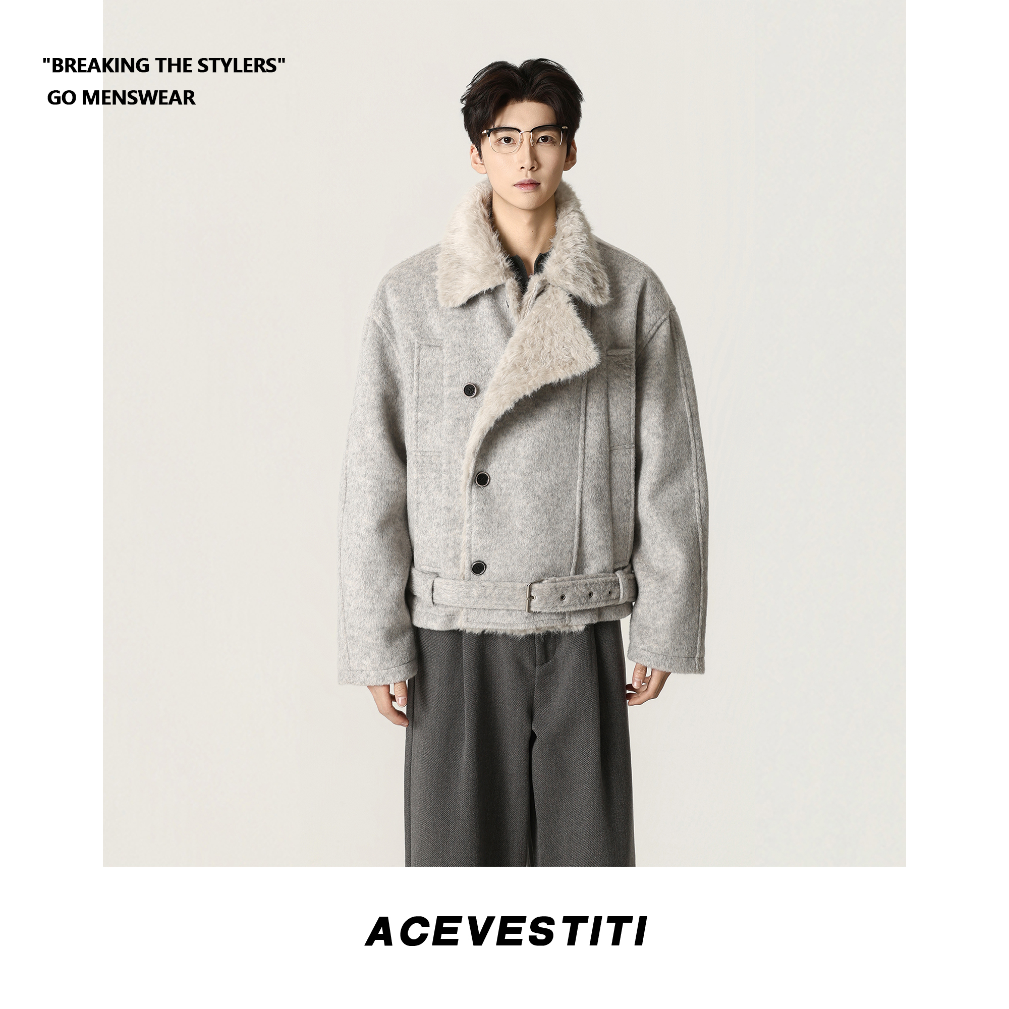 ACE VESTITI「慵懒通勤」男加厚短外套 仿羊羔领双重解构版型