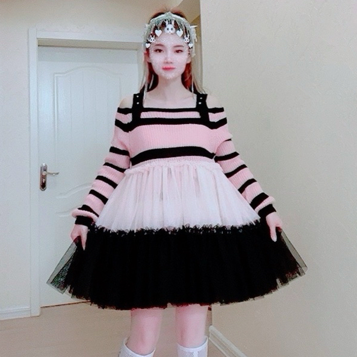 【面条家】5401#秋冬条纹露肩针织纱纱拼接毛衣连衣裙