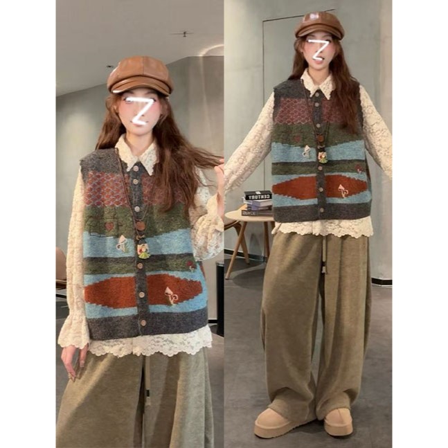 文艺减龄显瘦拼接刺绣条纹叠穿针织马甲女背心蕾丝衫阔腿裤三件套