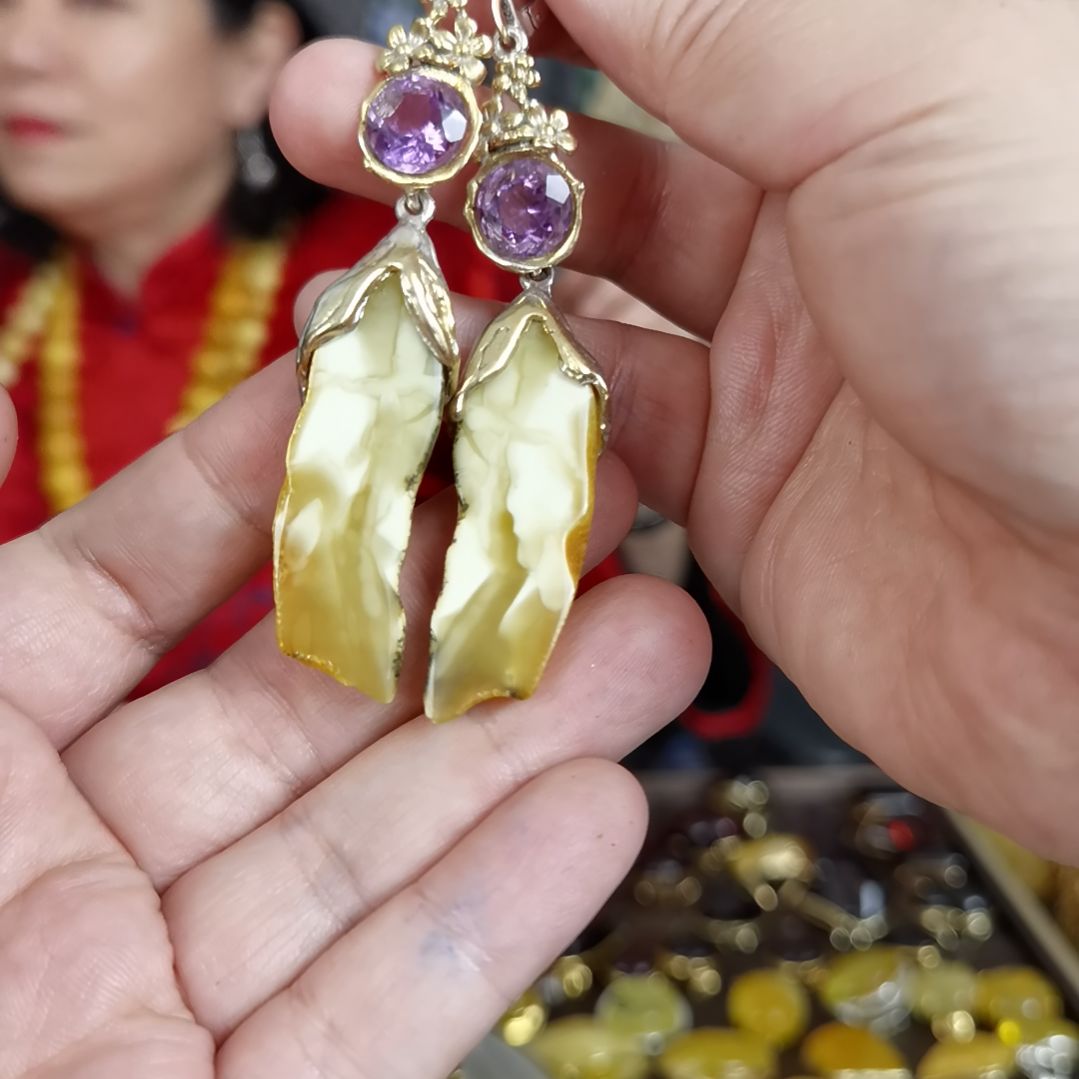 琥珀耳饰银S925镶嵌耳环