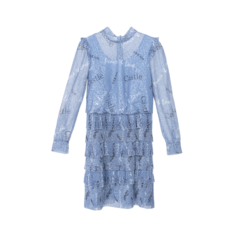 【小余专属】春季连衣裙优雅裙子蕾丝气质长袖蓝色针织AA0141333010