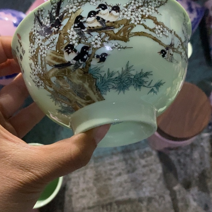 摆件陶5寸绿稀土梅花好多鸟碗