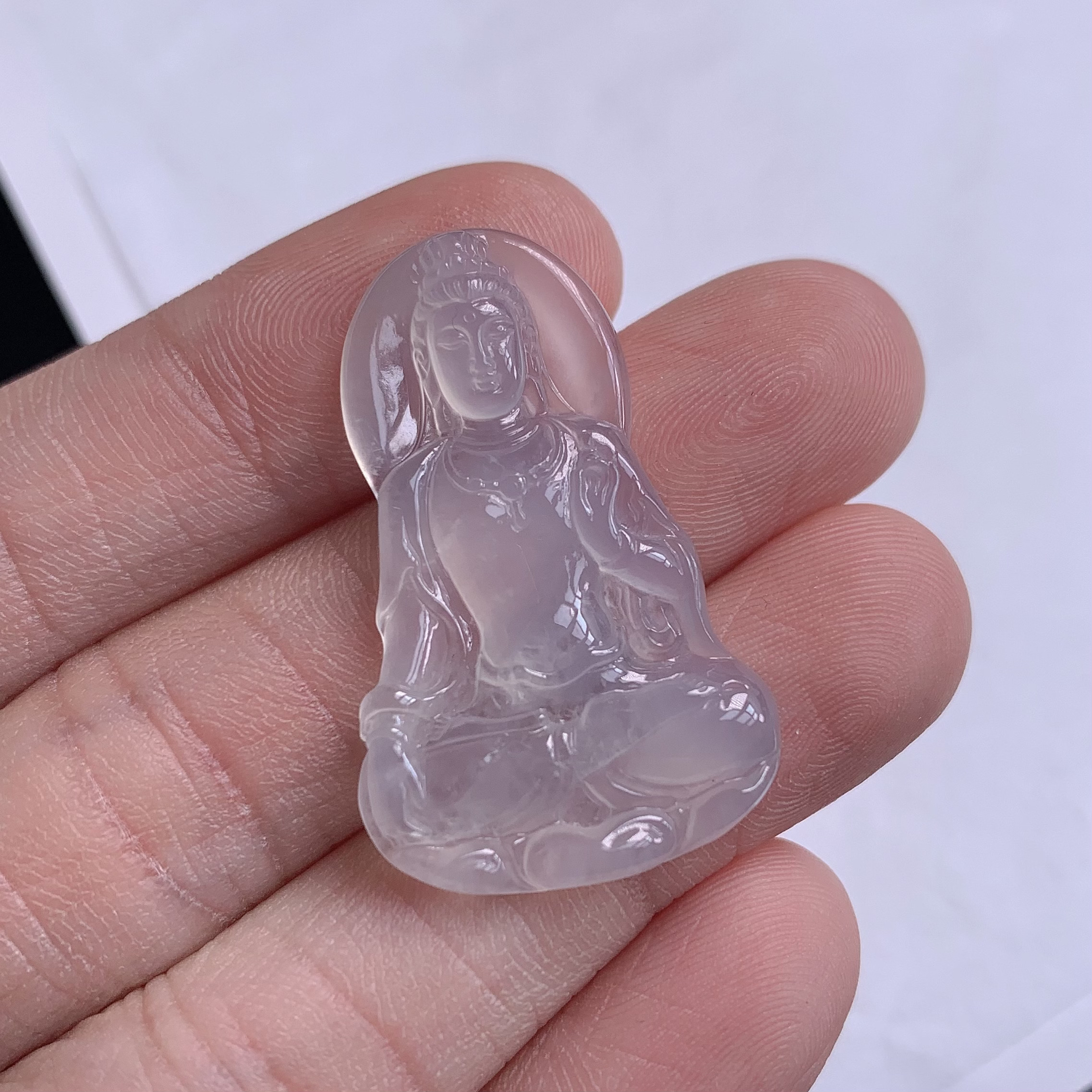 天然a货缅甸翡翠白冰胶一刀切观音34.7-22.1-4mm