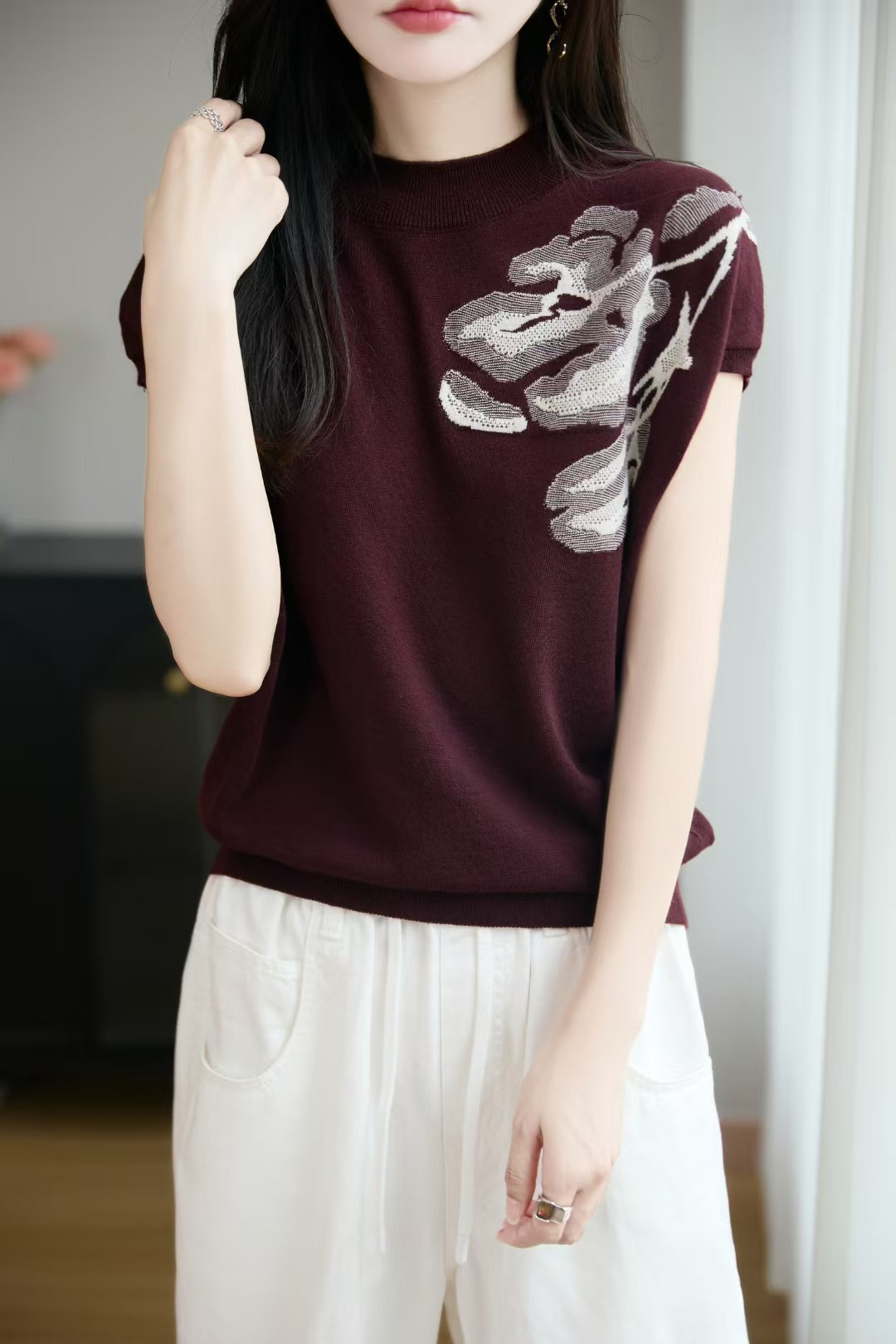 立领女针织刺绣早秋新中式衫圆领打底衫羊毛毛衣女士NSY060