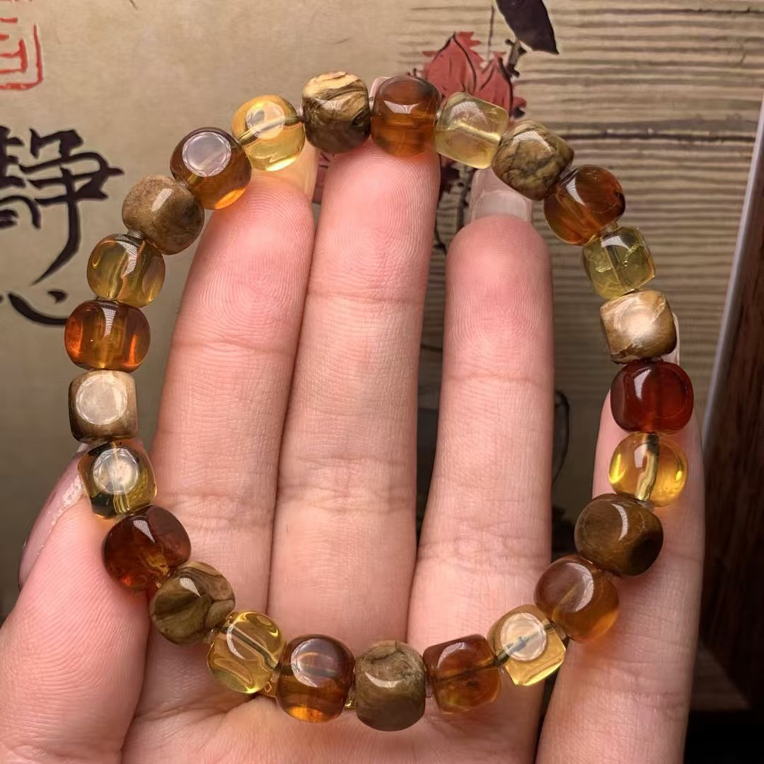天然缅甸多宝方糖手串8+mm跟珀白根溶洞蓝珀金棕