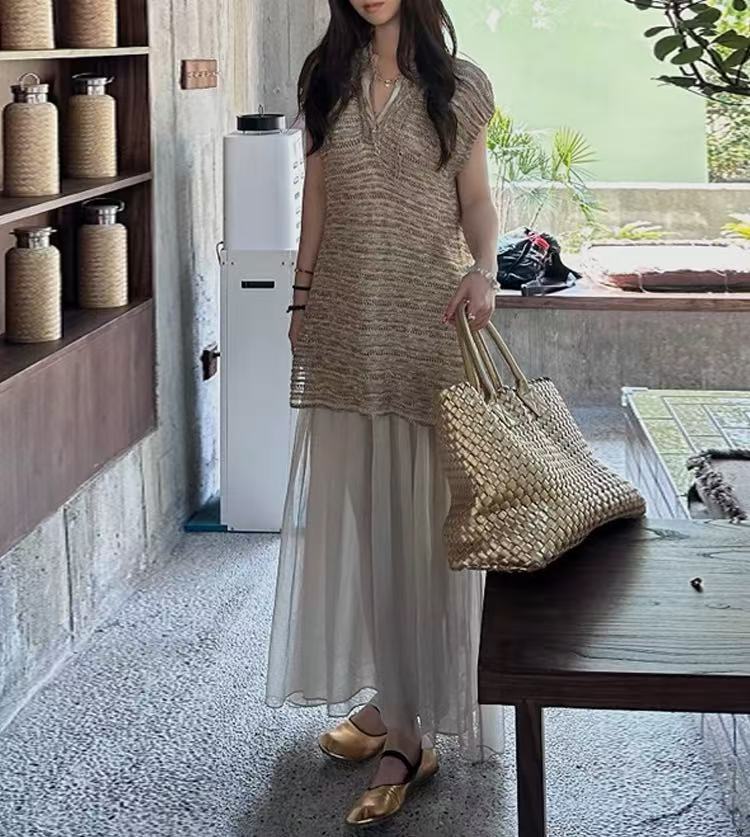 SS251492  高端线cello小众设计针织拼纱长款连衣裙