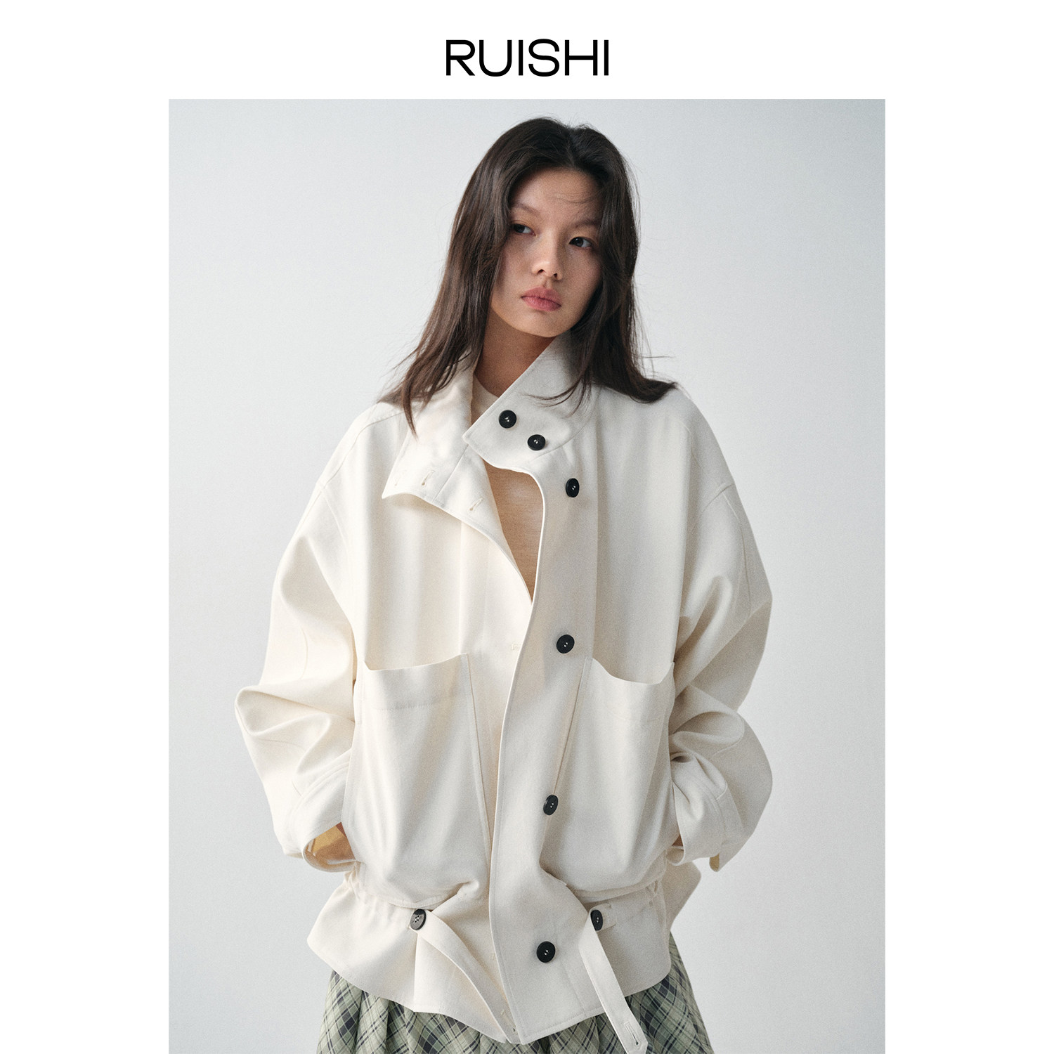 RUISHI芮时松弛片想立领大口袋下摆抽绳短款风衣女春R26A112805