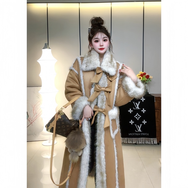 【冰雪公主】SY-秋冬新款高级气质蝴蝶结加厚加绒宽松落肩袖大衣