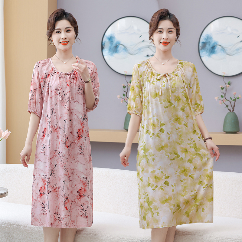 夏季绵绸连衣裙女睡裙2025新款夏天显瘦碎花家居服妈妈装气质长裙