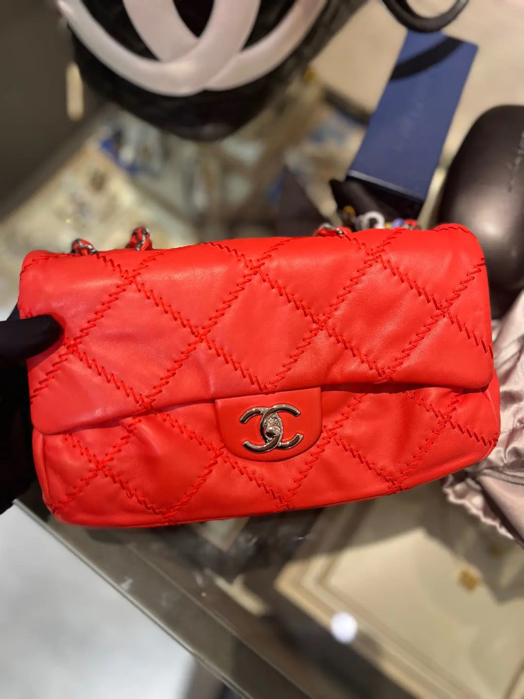 99新 Chanel/香奈儿 香奈儿 cf 红银扣单肩包羊皮红色/优品