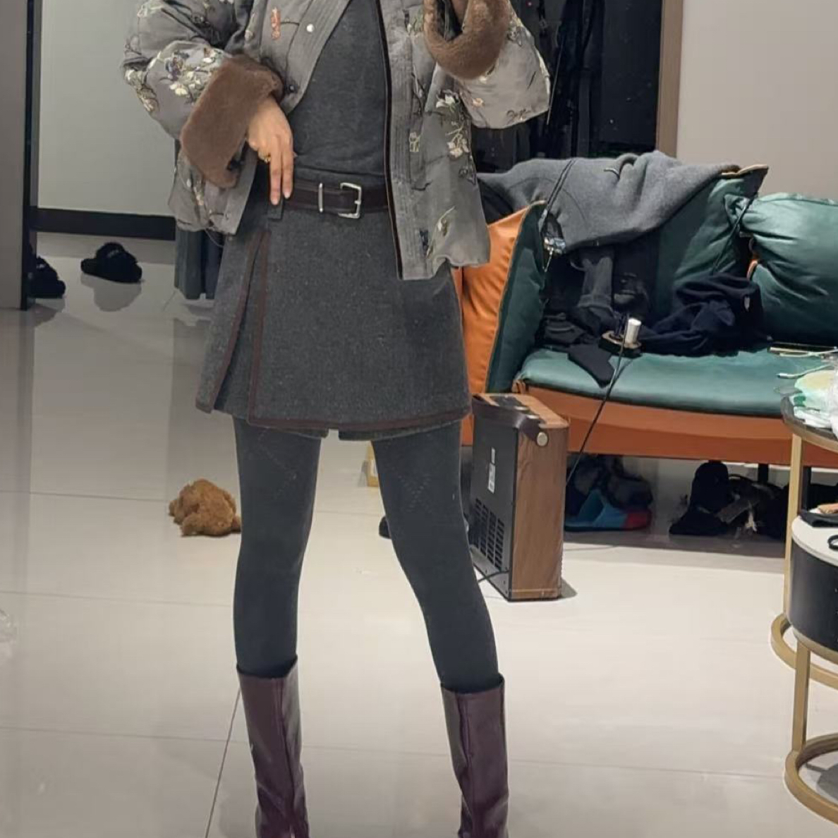 时尚冬上新灰色侧开衩假两件短裤裙#4070