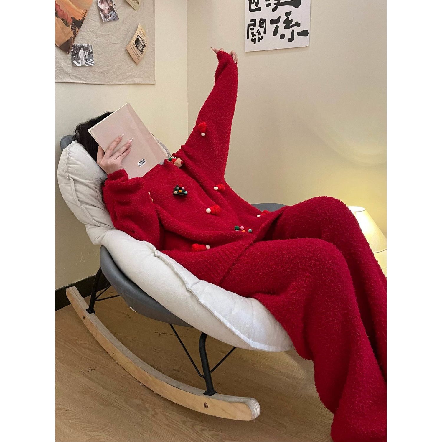 圣诞新年甜美半边绒睡衣女冬季新款保暖长袖红色本命年家居服套装