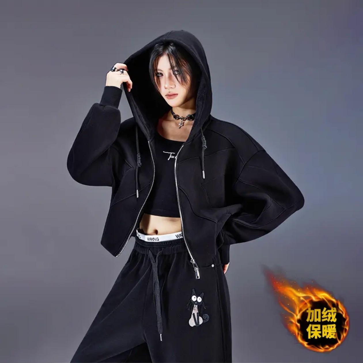 街头小众设计连帽秋冬季新款辣妹修身纯色显瘦短款休闲外套