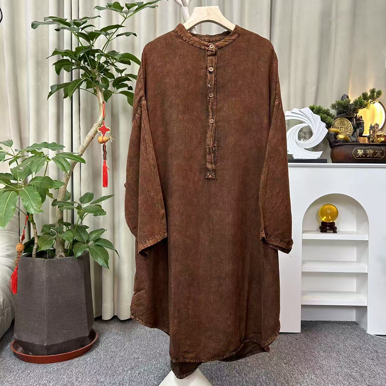 花璟与麻~复古炒色做旧半开襟长袖衬衫（衣长100胸围145）