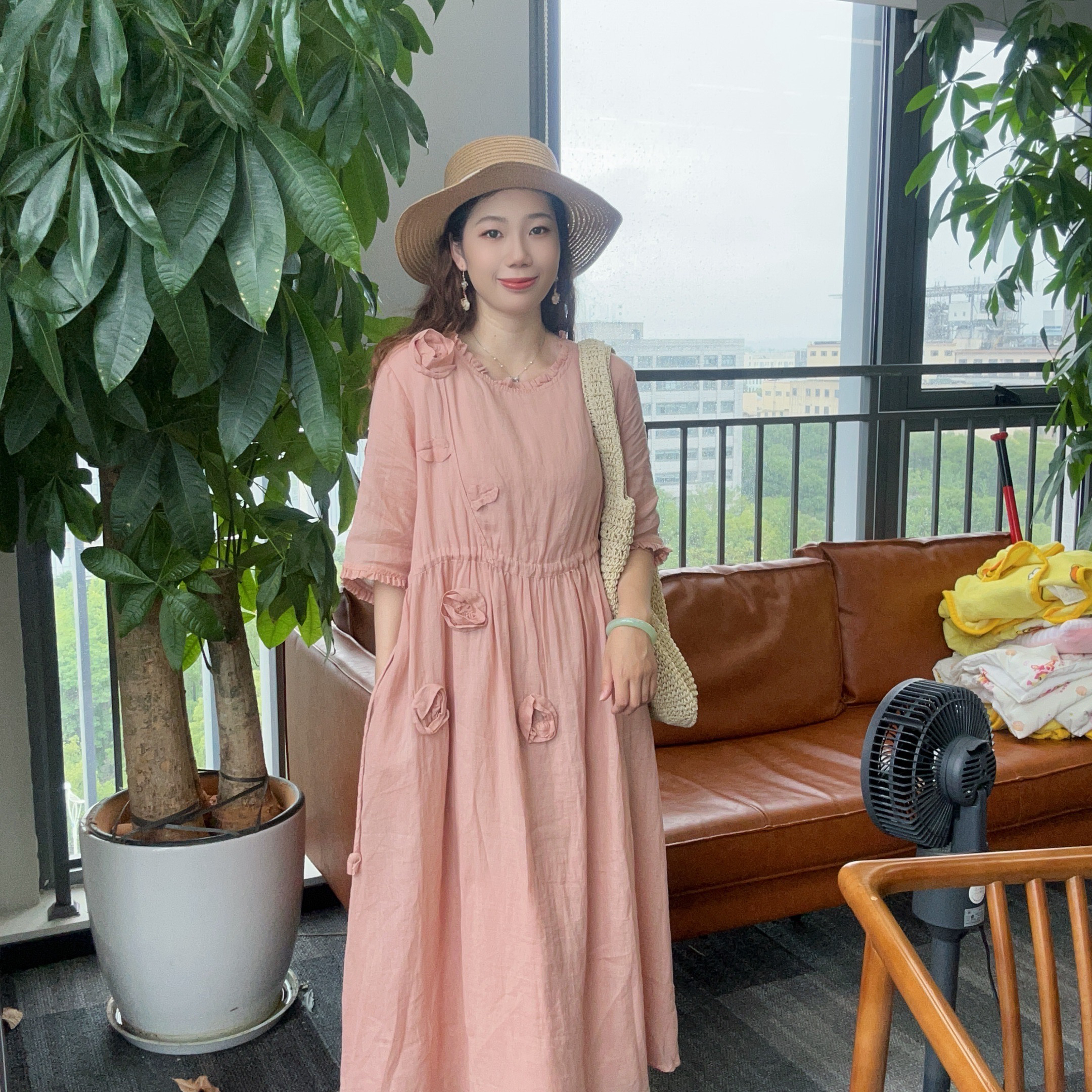 【蒋玲专属】文艺苎麻纯色立体花朵夏季连衣裙圆领仙气收腰长裙女