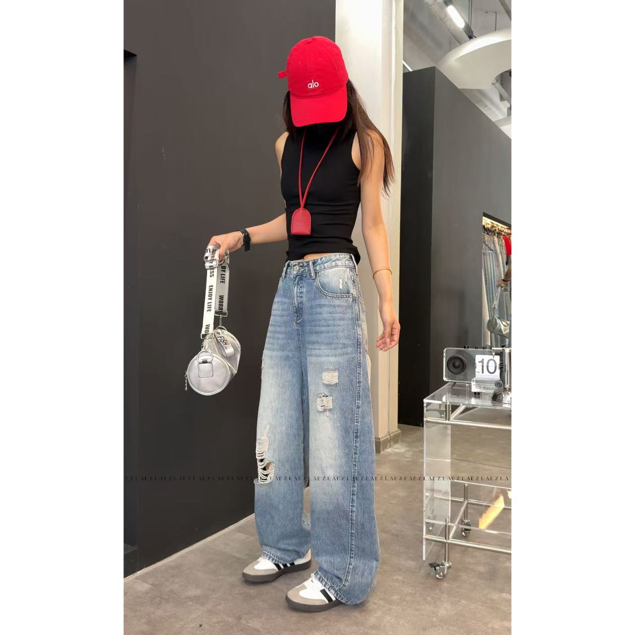 EZ8579 夏季新款个性小众设计高级显瘦破洞水洗美式老爹堆堆裤