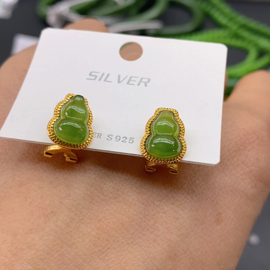 和田玉（青玉）耳饰银S925镀金镶嵌