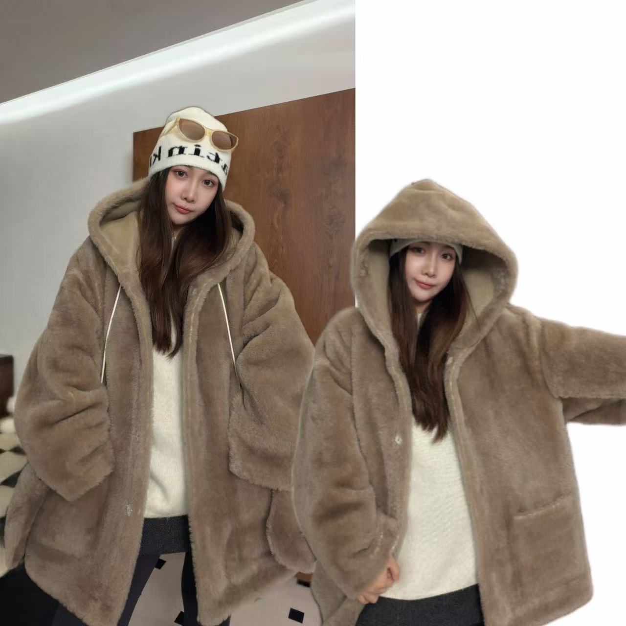 HERDERS"小软羊系列“短款连帽皮毛一体皮草外套 40510