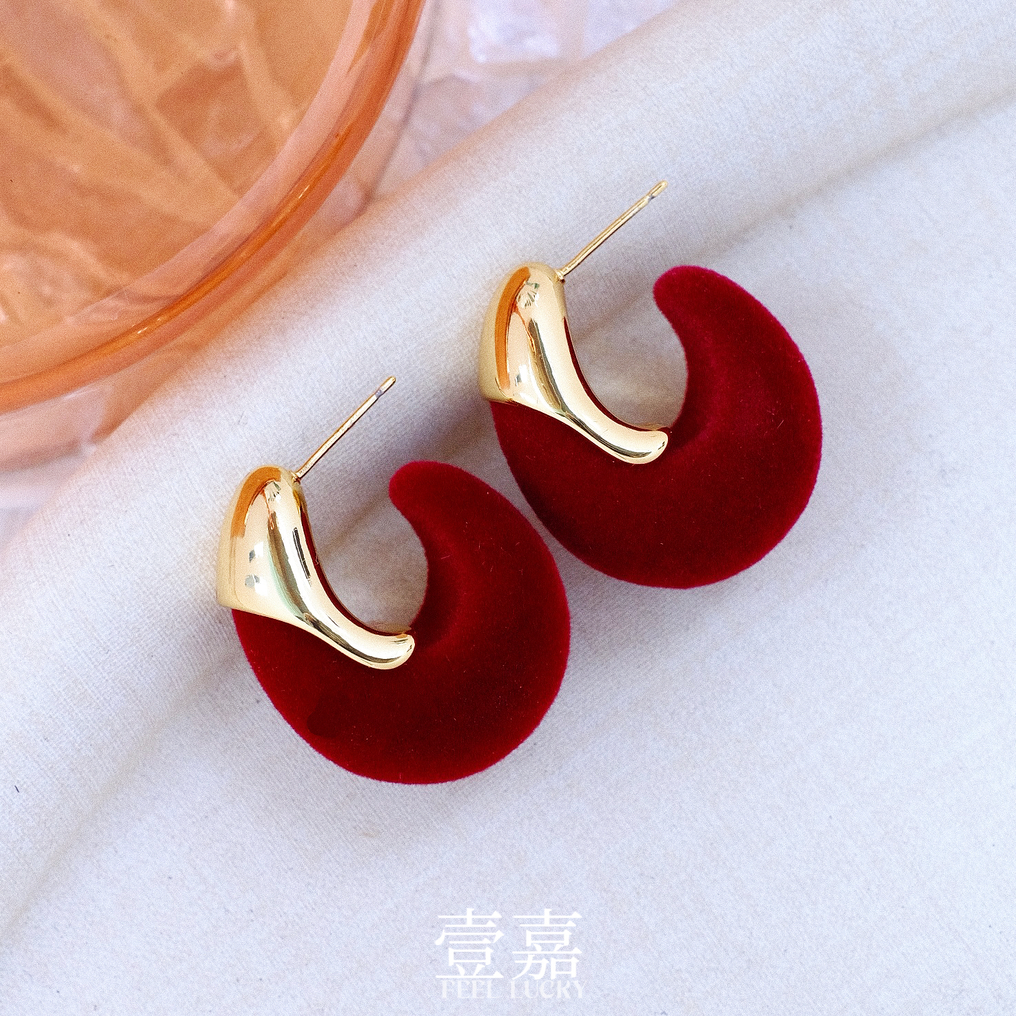 黄铜布艺耳饰 壹嘉黄铜耳饰 法式轻奢气质风红丝绒耳钉YJ231