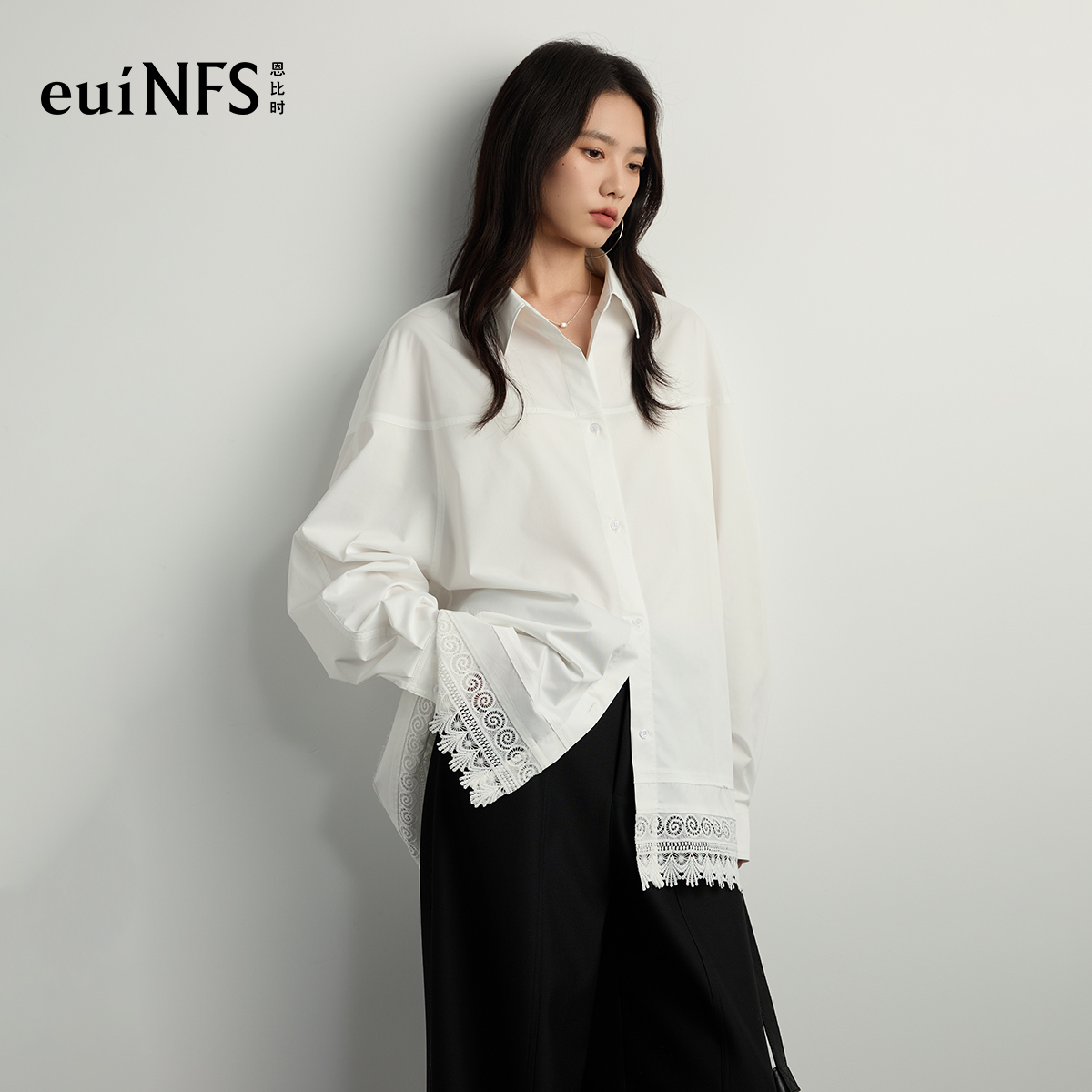 恩比时蕾丝拼接衬衫2025秋季新款宽松慵懒休闲百搭上衣女E313136