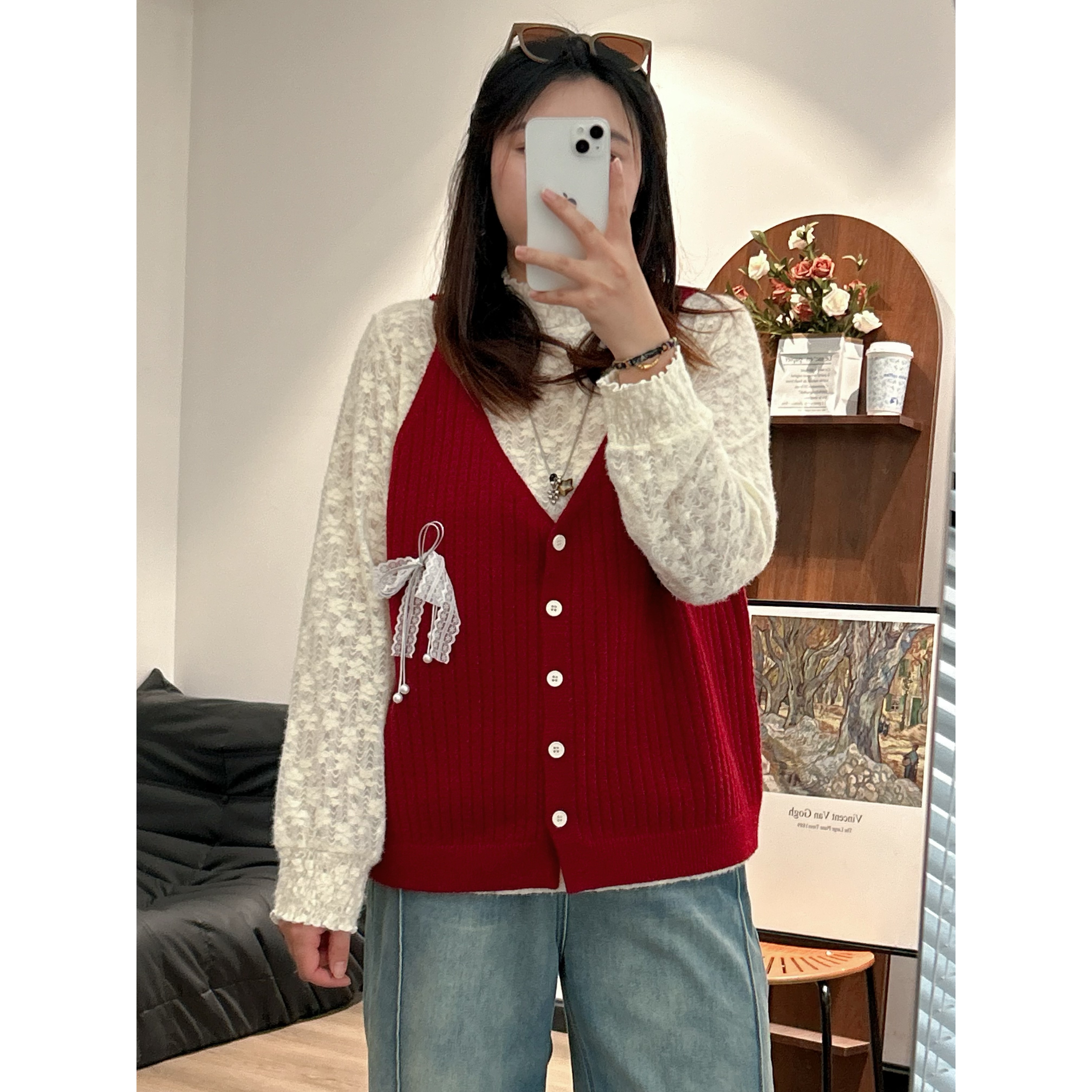 【咔咔】秋日-针织无袖宽松型毛针织衫设计感坎肩v领开衫背心K0384