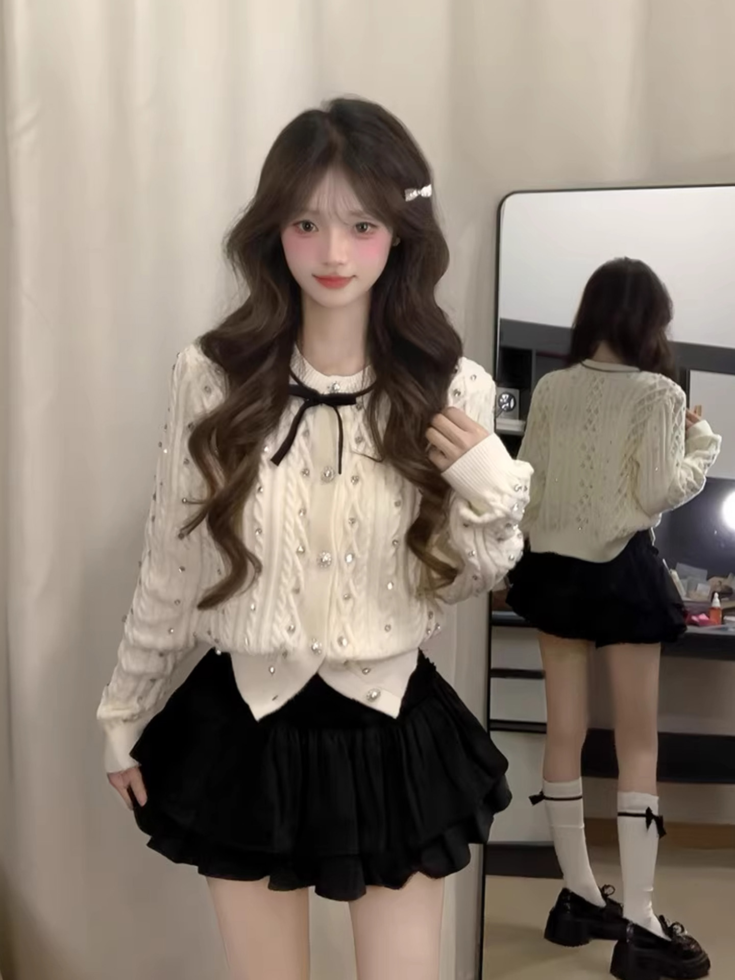 小香风烫钻长袖针织开衫女秋季千金纯欲气质修身短款毛衣外套上衣