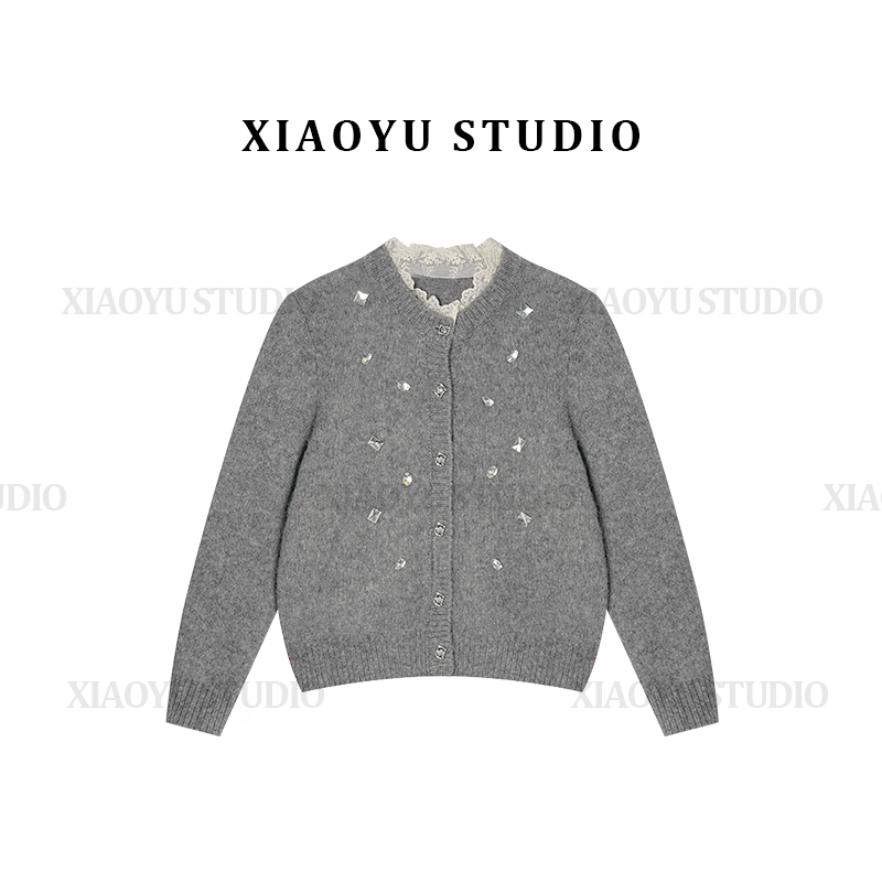 2025新款秋冬新款圆领钉珠羊毛针织开衫女毛衣外套KI-1011