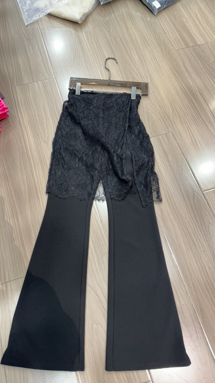 黑色蕾丝拼接开叉喇叭裤高腰显瘦假两件休闲裤