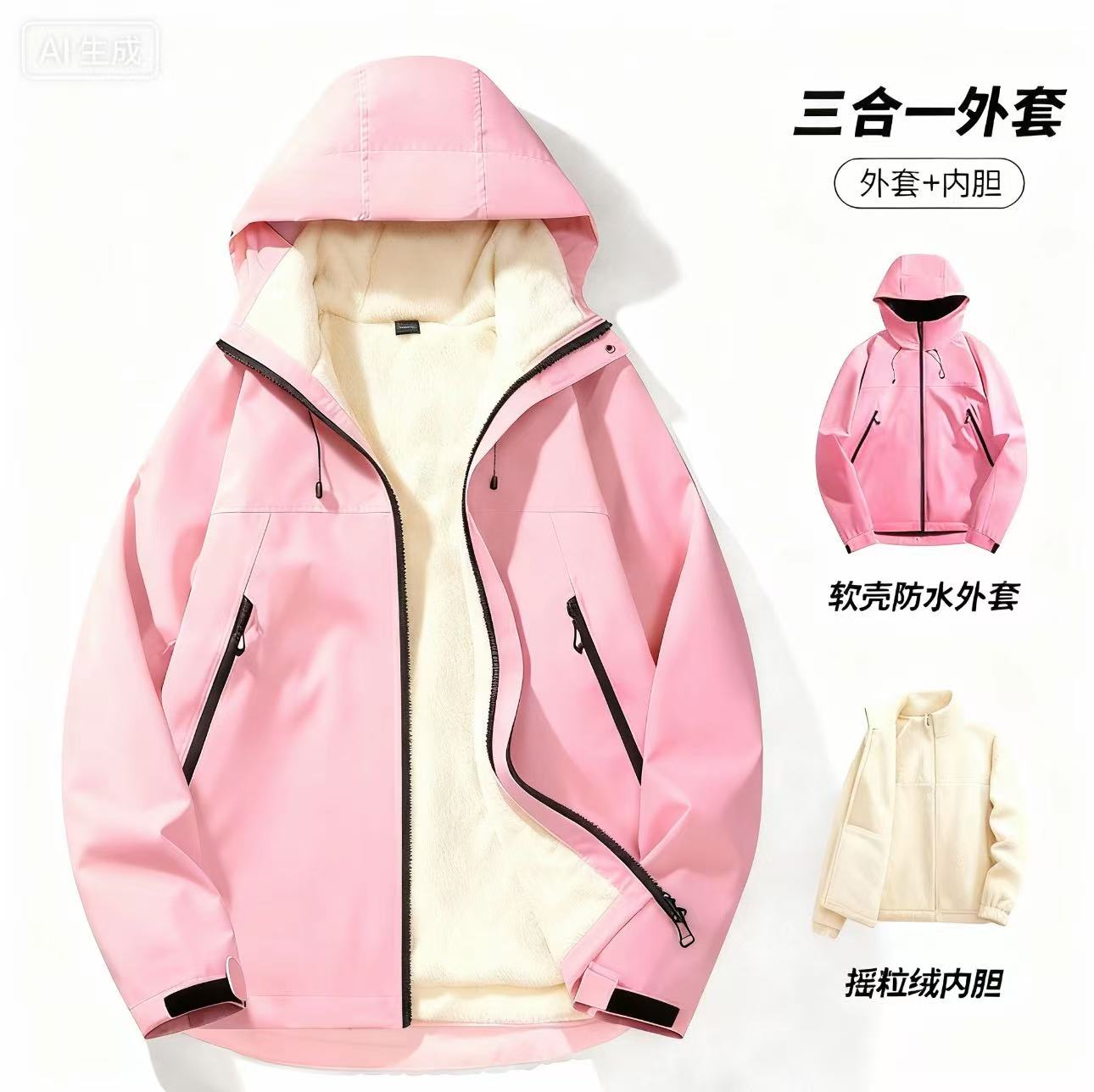 粉色三合一加厚版内胆可拆防水冲锋衣