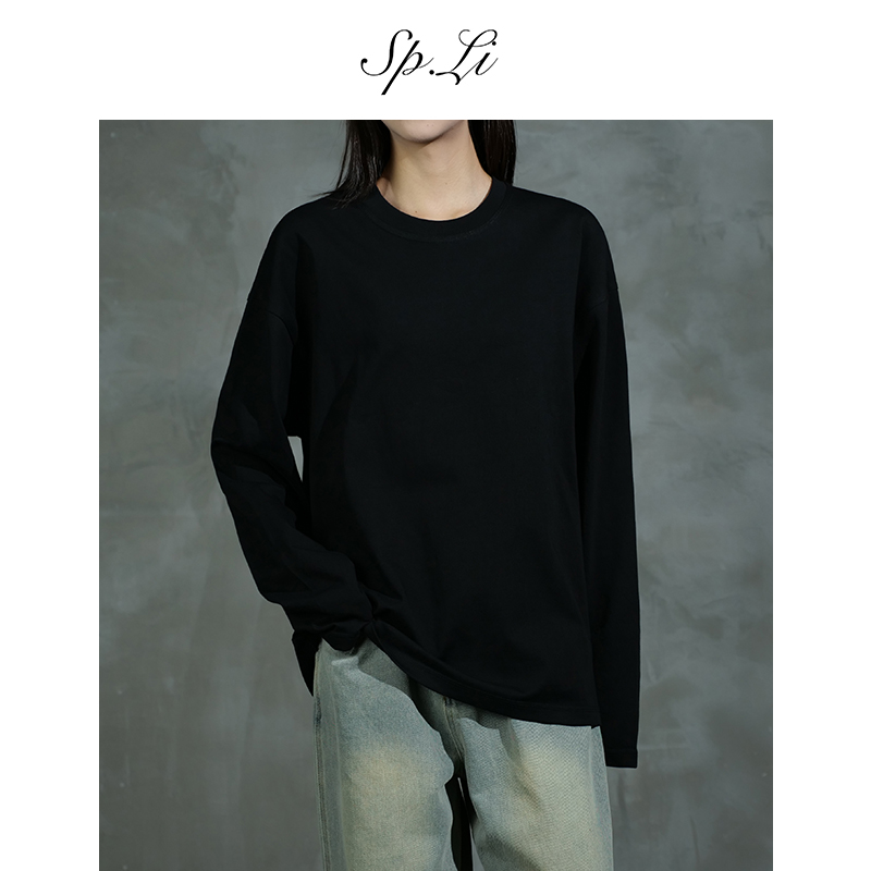 SPLi【三本针长袖T恤】宽松男春秋纯色内搭落肩圆领基础打底上衣潮 
