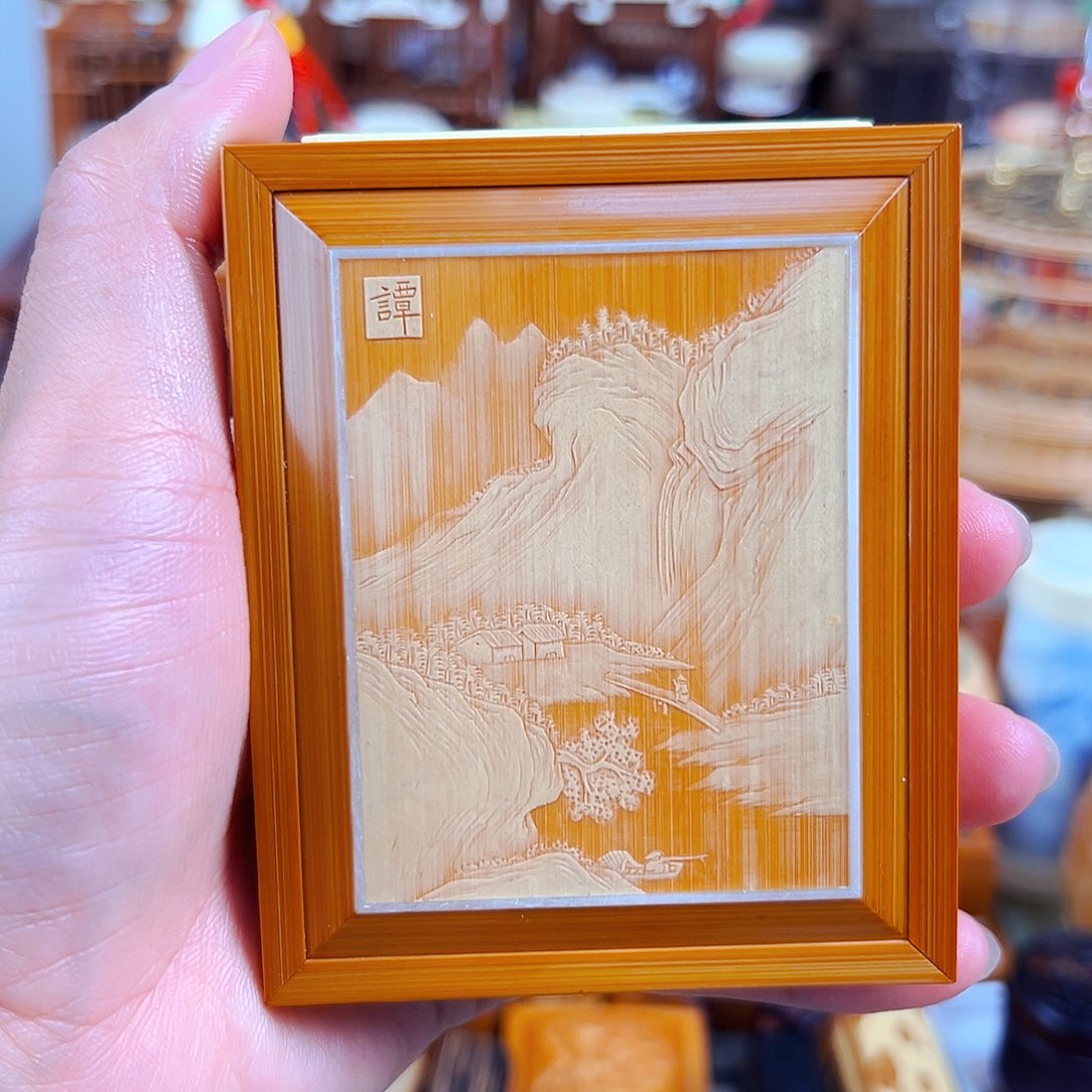 竹谭字款山水留青黄蛉盒➕大黄蛉